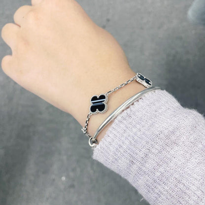 [Max Jewelry ]CLOVER 5 MOTIF VEINED ONYX BRACELET SILVER