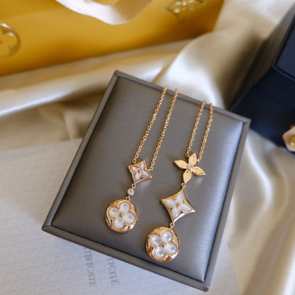 [Max Jewelry ]COLOR BLOSSOM LARIAT NECKLACE PINK GOLD WHITE MOTHER PEARL AND DIAMOND