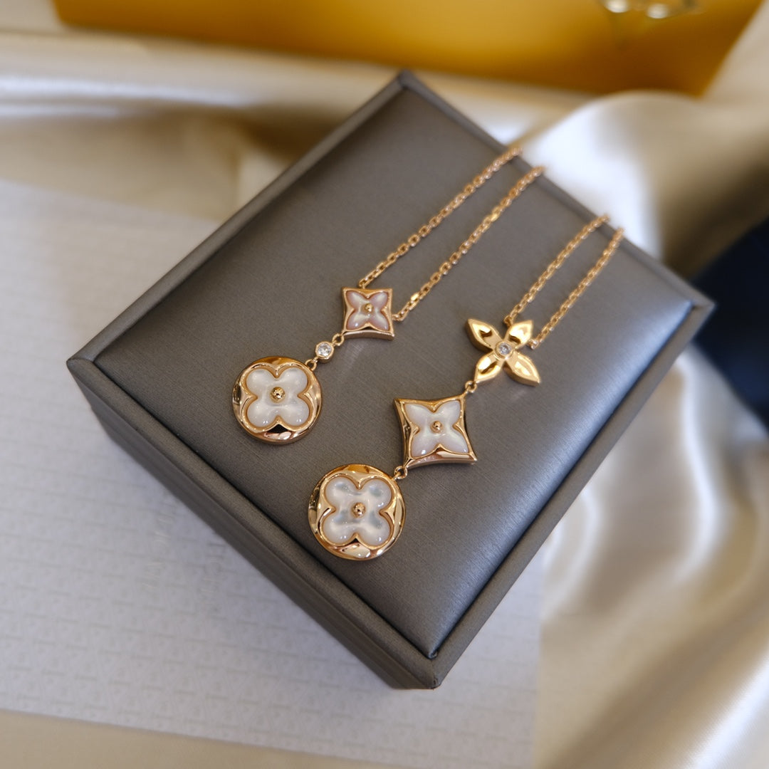 [Max Jewelry ]COLOR BLOSSOM LARIAT NECKLACE PINK GOLD WHITE MOTHER PEARL AND DIAMOND