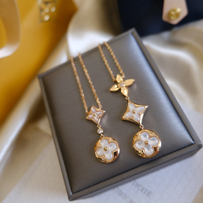 [Max Jewelry ]COLOR BLOSSOM LARIAT NECKLACE PINK GOLD WHITE MOTHER PEARL AND DIAMOND