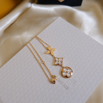[Max Jewelry ]COLOR BLOSSOM LARIAT NECKLACE PINK GOLD WHITE MOTHER PEARL AND DIAMOND