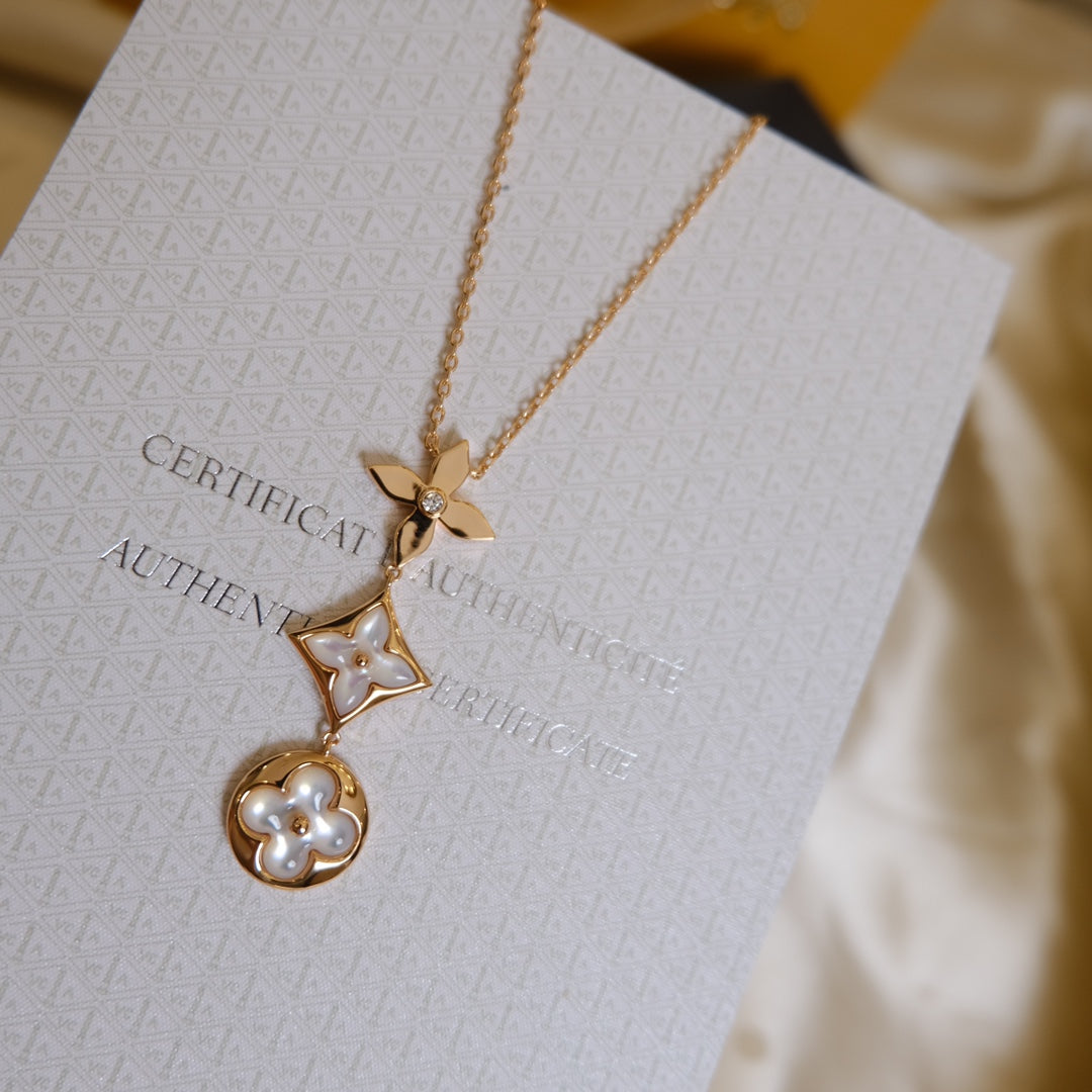 [Max Jewelry ]COLOR BLOSSOM LARIAT NECKLACE PINK GOLD WHITE MOTHER PEARL AND DIAMOND