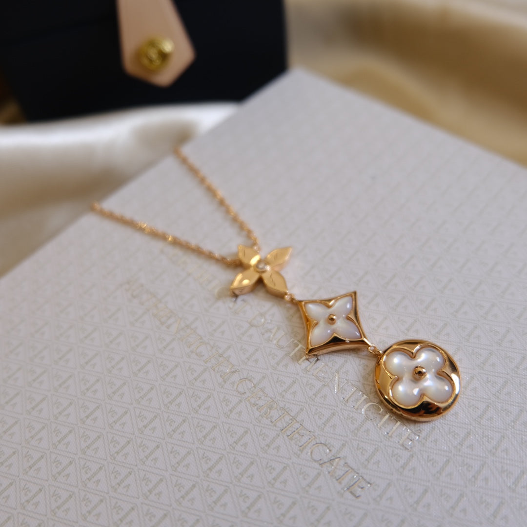 [Max Jewelry ]COLOR BLOSSOM LARIAT NECKLACE PINK GOLD WHITE MOTHER PEARL AND DIAMOND