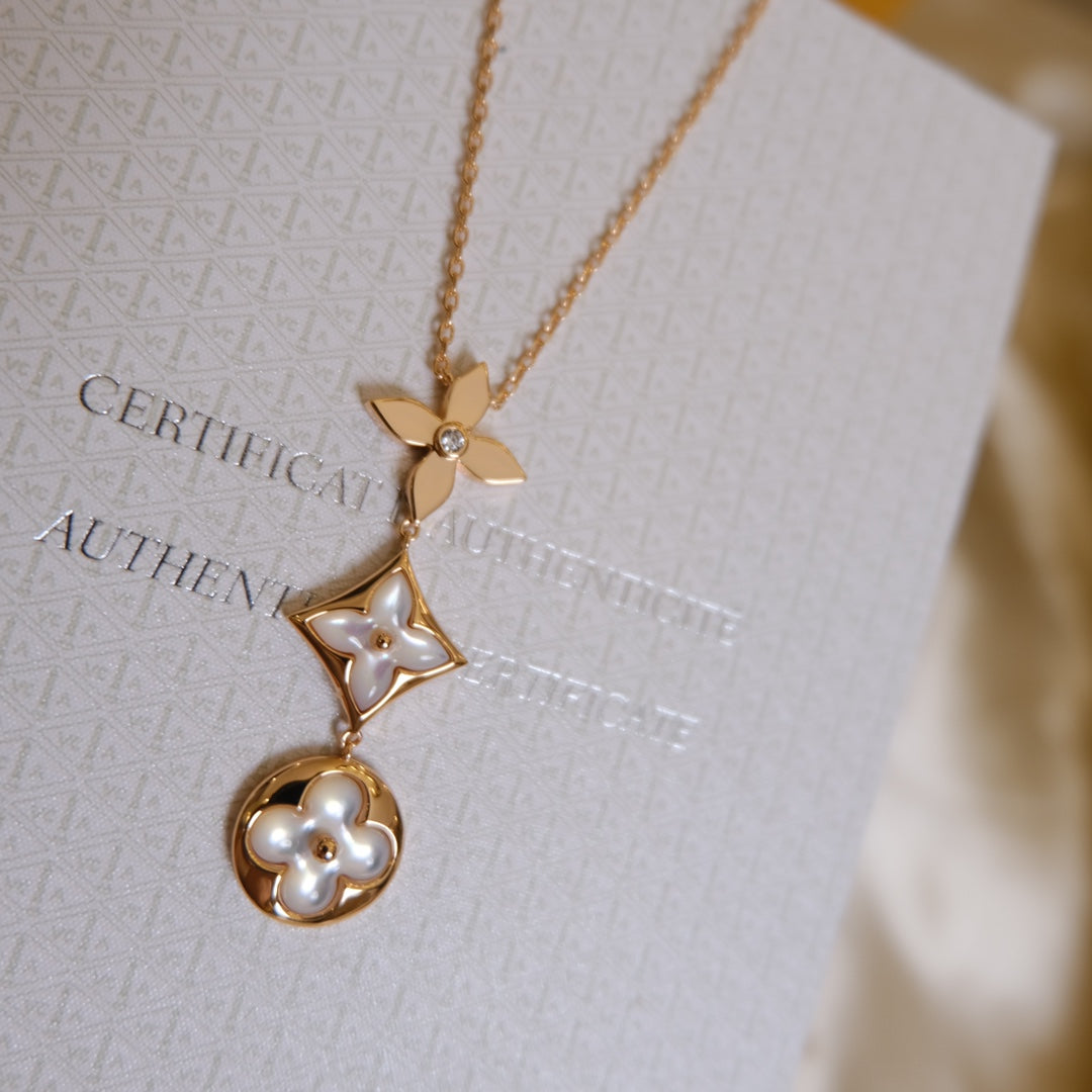 [Max Jewelry ]COLOR BLOSSOM LARIAT NECKLACE PINK GOLD WHITE MOTHER PEARL AND DIAMOND