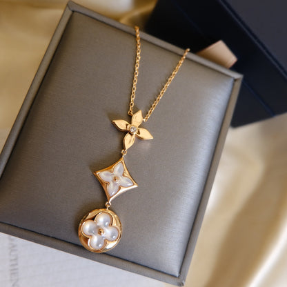 [Max Jewelry ]COLOR BLOSSOM LARIAT NECKLACE PINK GOLD WHITE MOTHER PEARL AND DIAMOND