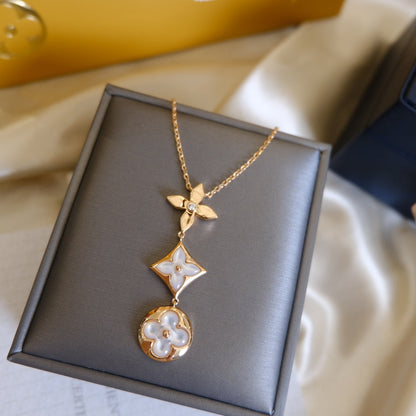 [Max Jewelry ]COLOR BLOSSOM LARIAT NECKLACE PINK GOLD WHITE MOTHER PEARL AND DIAMOND