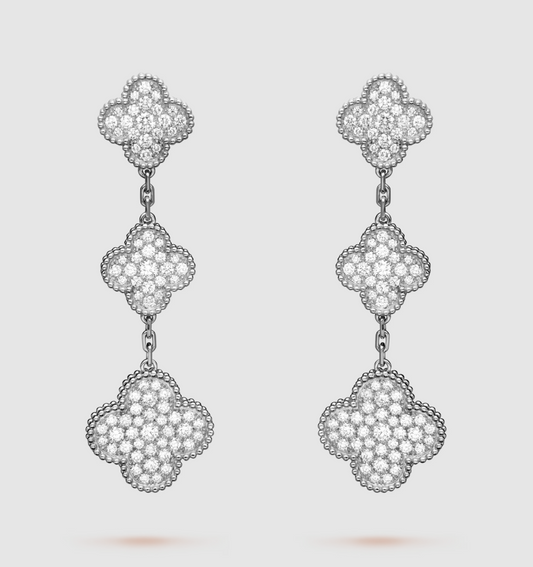 [Max Jewelry ]CLOVER 3 MOTIF DIAMOND SILVER DROP EARRINGS