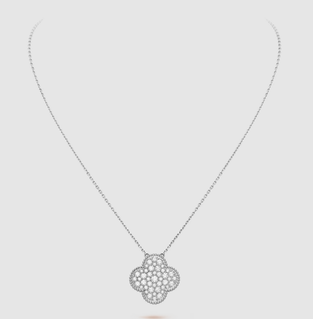 [Plus&Max]CLOVER 25MM LARGE PENDANT DIAMOND PAVED SILVER NECKLACE