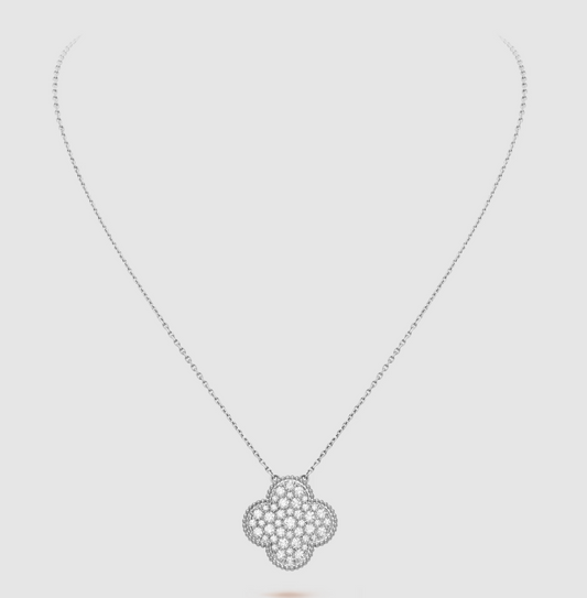 [Max Jewelry ]CLOVER 25MM LARGE PENDANT DIAMOND PAVED SILVER NECKLACE