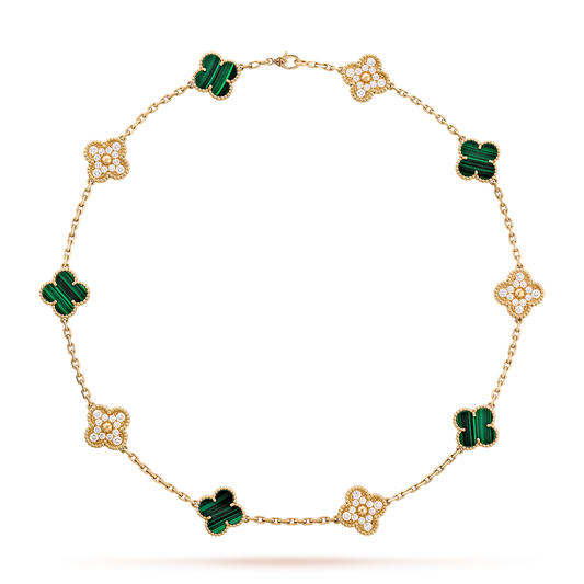 [Max Jewelry ]CLOVER 10 MOTIFS MALACHITE DIAMOND NECKLACE