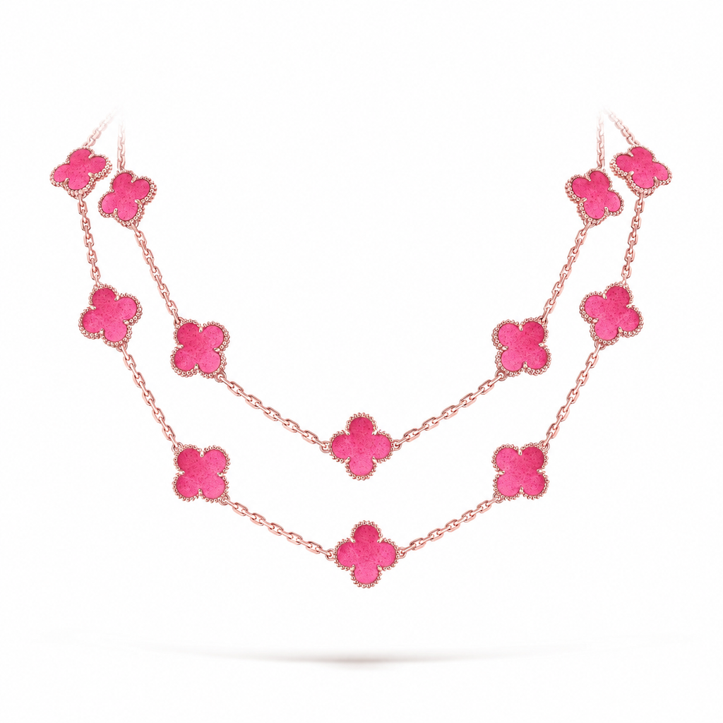 [Plus&Max] NEW CLOVER 20 MOTIFS PINK ENAMEL NECKLACE