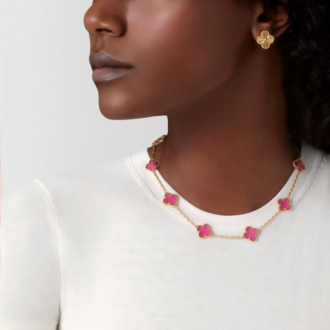 [Max Jewelry]NEW CLOVER 10 MOTIFS PINK ENAMEL NECKLACE