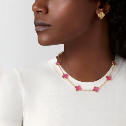 [Max Jewelry]NEW CLOVER 10 MOTIFS PINK ENAMEL NECKLACE