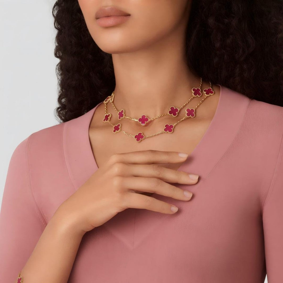 [Max Jewelry] NEW CLOVER 20 MOTIFS PINK ENAMEL NECKLACE