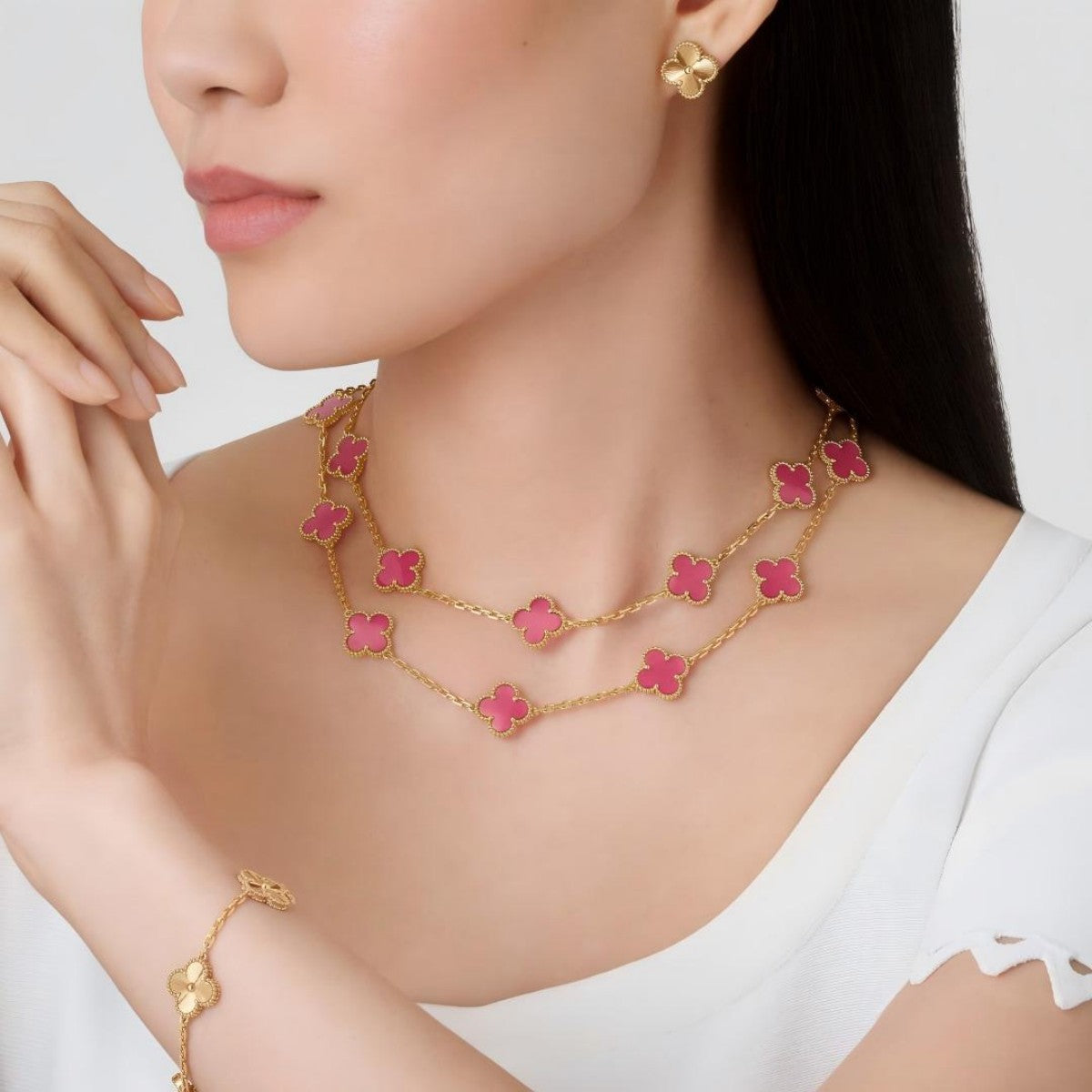[Max Jewelry] NEW CLOVER 20 MOTIFS PINK ENAMEL NECKLACE