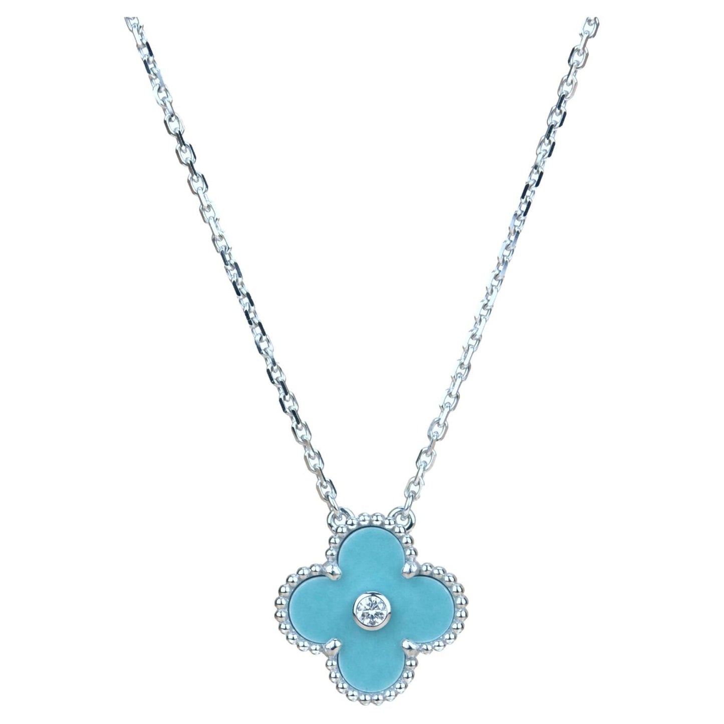 [Max Jewelry ]CLOVER 15MM DIAMOND SVRES PORCELAIN  NECKLACE SILVER