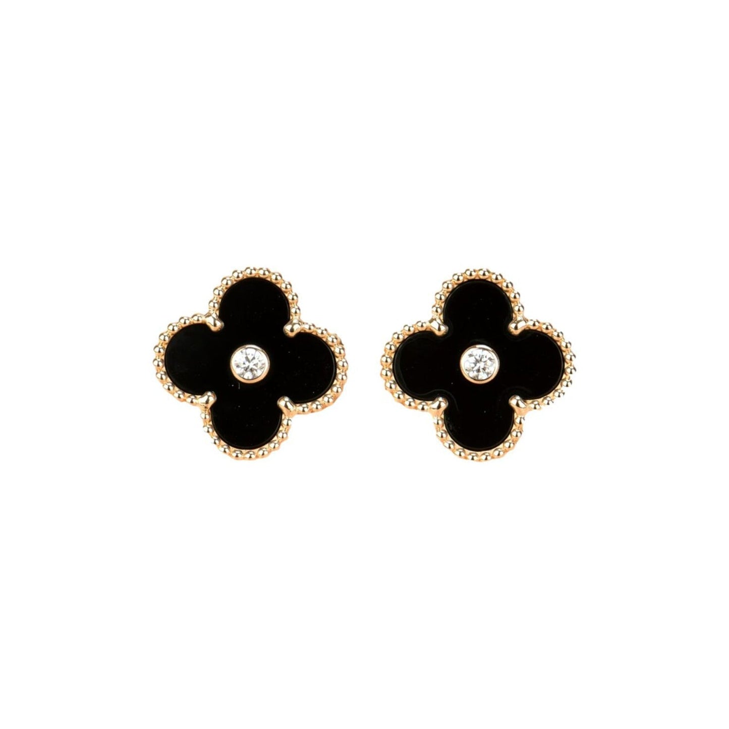 [Max Jewelry ]CLOVER MEDIUM 1 MOTIFS ONYX DIAMOND EARRINGS