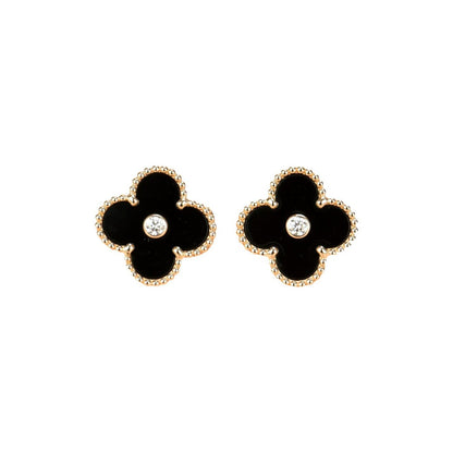 [Max Jewelry ]CLOVER MEDIUM 1 MOTIFS ONYX DIAMOND EARRINGS