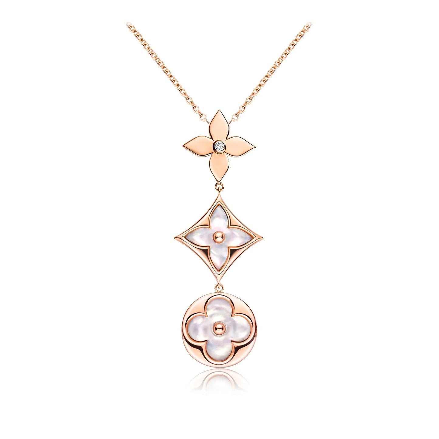 [Max Jewelry ]COLOR BLOSSOM LARIAT NECKLACE PINK GOLD WHITE MOTHER PEARL AND DIAMOND