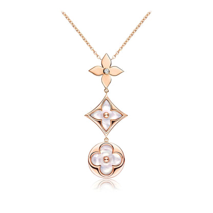 [Max Jewelry ]COLOR BLOSSOM LARIAT NECKLACE PINK GOLD WHITE MOTHER PEARL AND DIAMOND