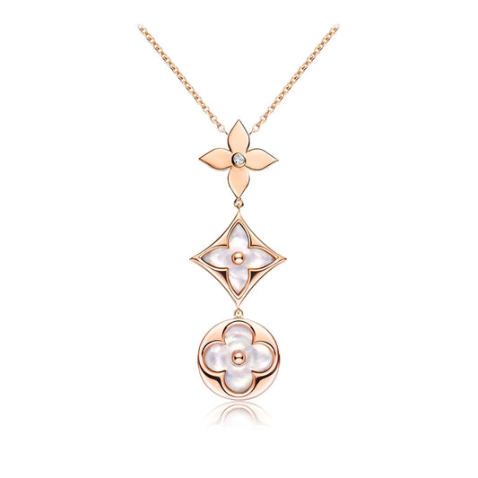 [Max Jewelry ]COLOR BLOSSOM LARIAT NECKLACE PINK GOLD WHITE MOTHER PEARL AND DIAMOND
