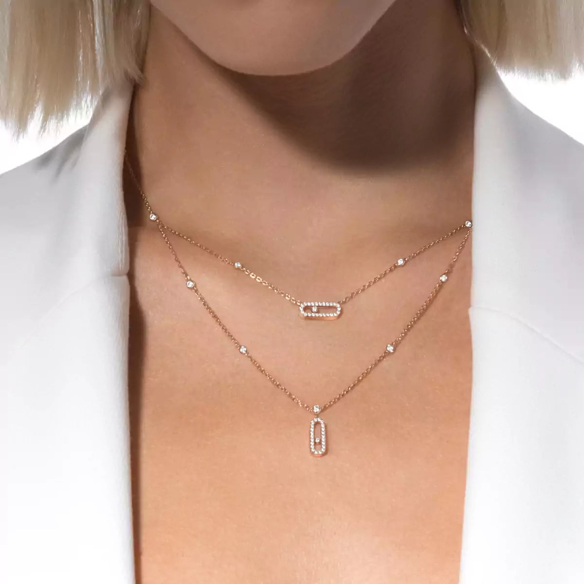 [Max Jewelry]2 Rows Rose Gold Diamond Pave_ Necklace Move Uno