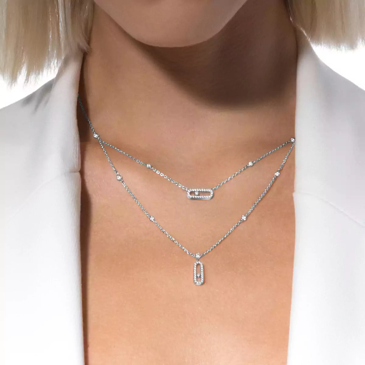 [Max Jewelry]2 Rows Rose Gold Diamond Pave_ Necklace Move Uno