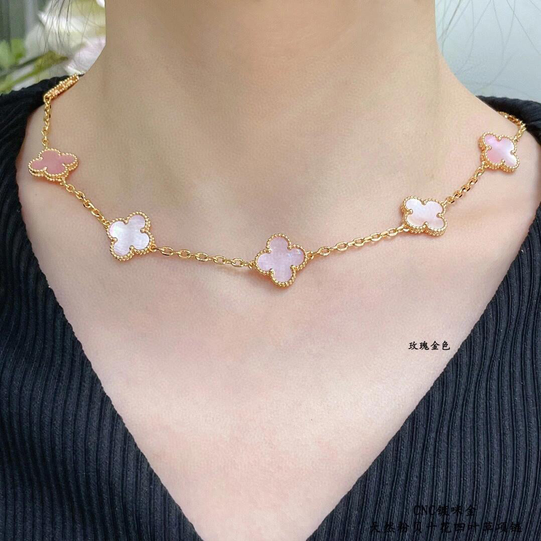 [Max Jewelry ]CLOVER 10 MOTIFS PINK MOP NECKLACE