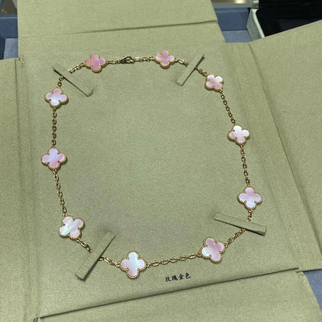 [Max Jewelry ]CLOVER 10 MOTIFS PINK MOP NECKLACE