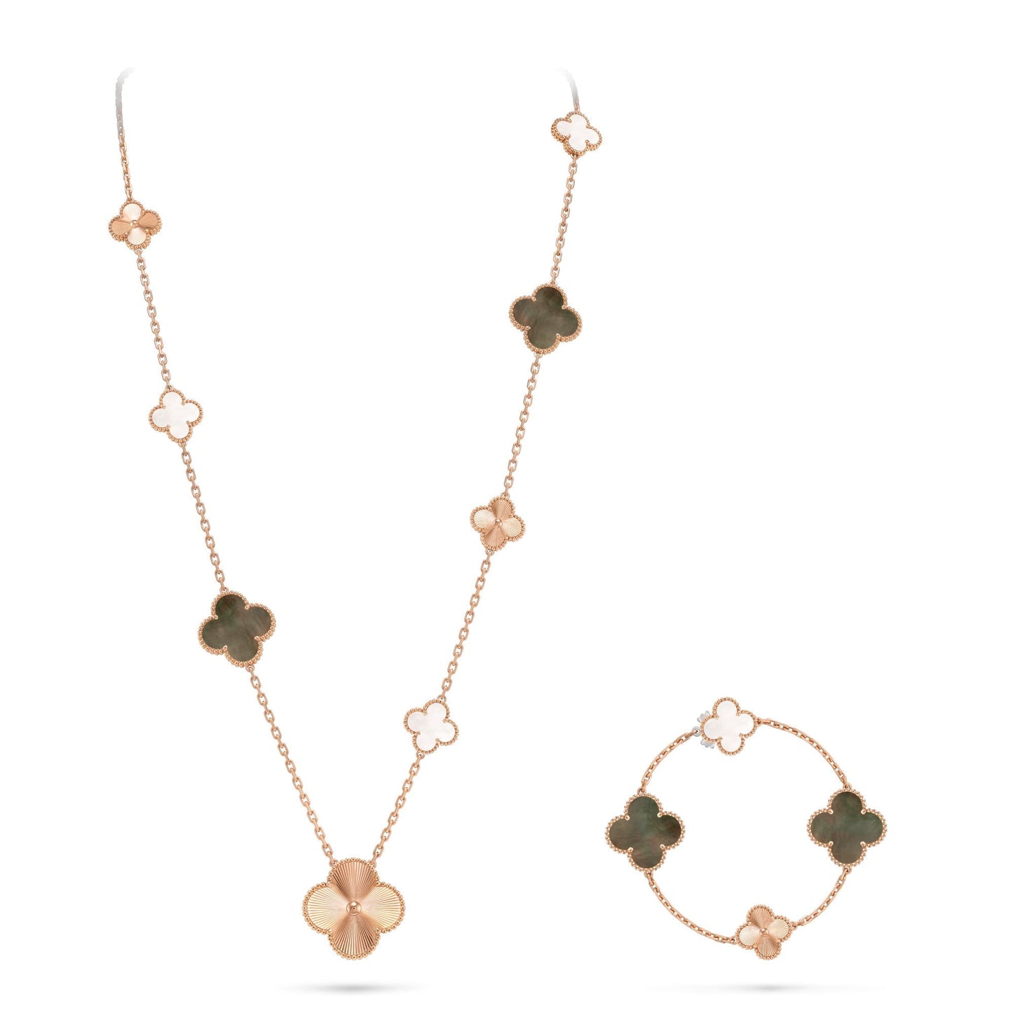[Max Jewelry ]DETACHABLE CLOVER 15(11+4) FLOWER ROSE GOLD NECKLACE SET