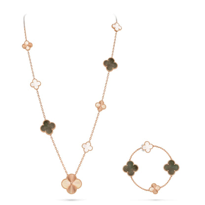 [Max Jewelry ]DETACHABLE CLOVER 15(11+4) FLOWER ROSE GOLD NECKLACE SET