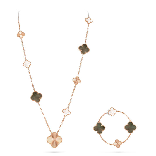 [Max Jewelry ]DETACHABLE CLOVER 15(11+4) FLOWER ROSE GOLD NECKLACE SET