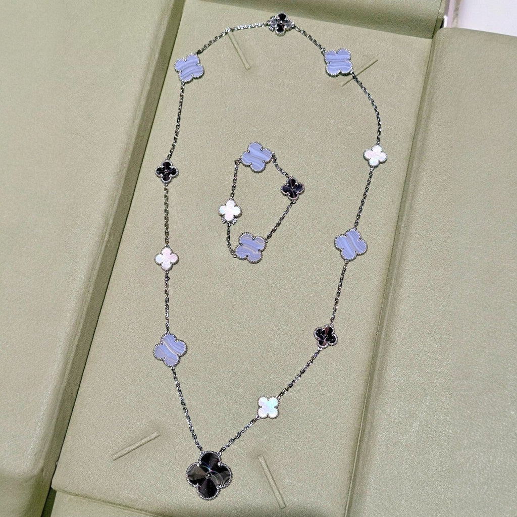 [Plus&Max]DETACHABLE CLOVER 15(11+4) FLOWER SILVER NECKLACE SET