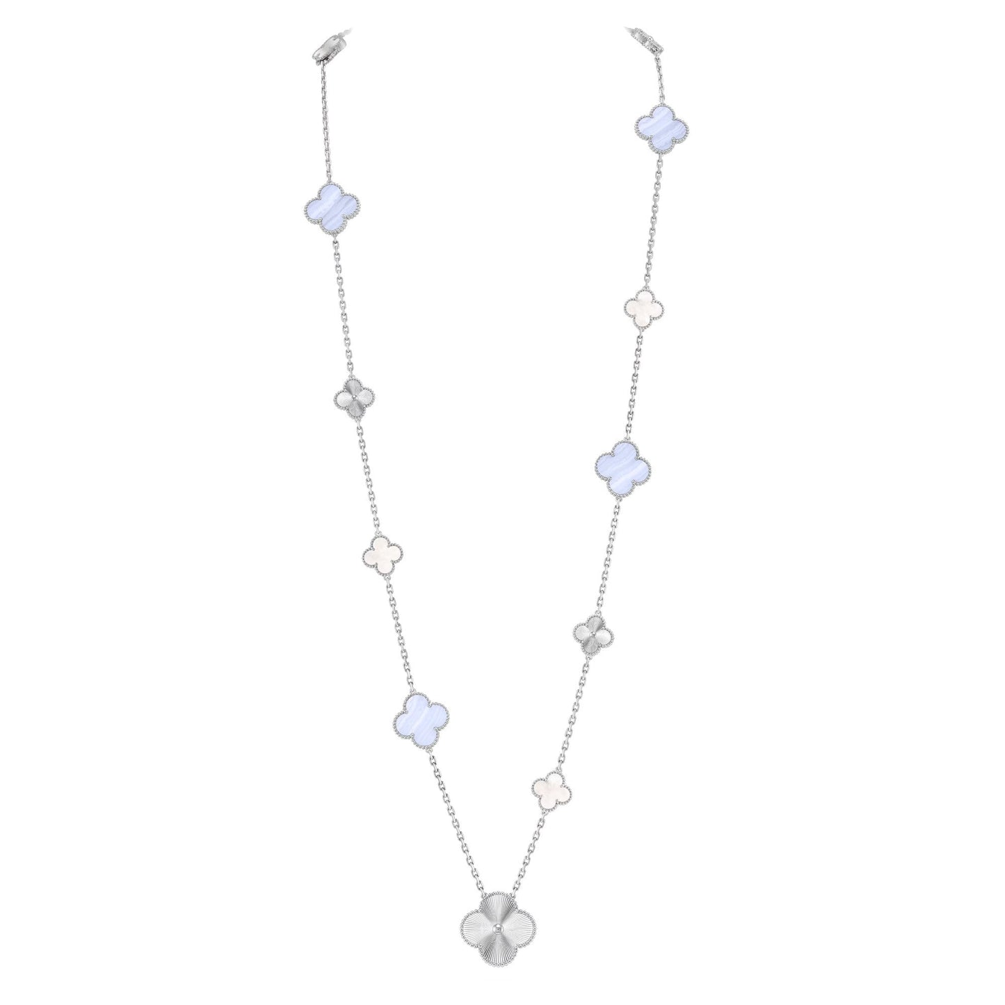 [Max Jewelry ]DETACHABLE CLOVER 15(11+4) FLOWER SILVER NECKLACE SET