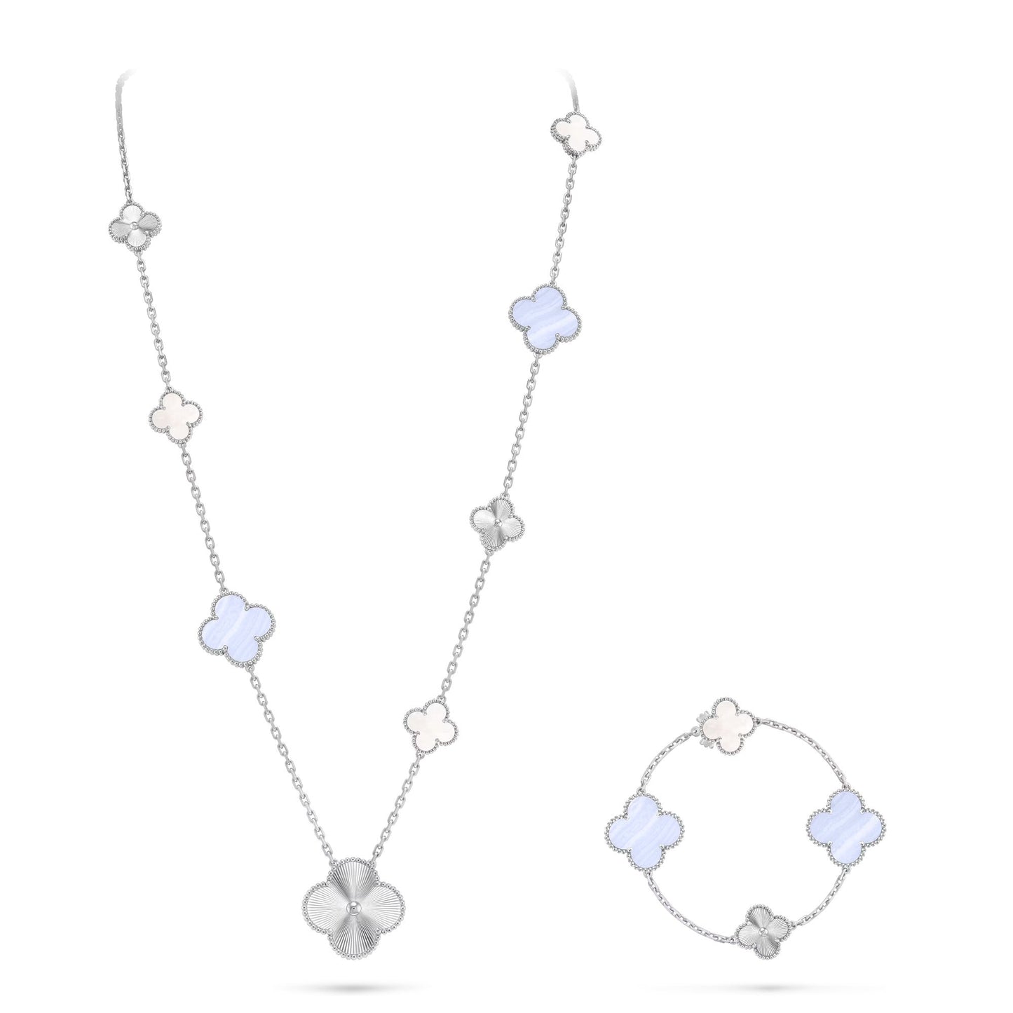 [Max Jewelry ]DETACHABLE CLOVER 15(11+4) FLOWER SILVER NECKLACE SET