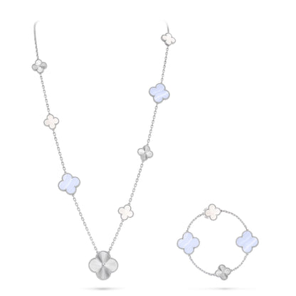 [Max Jewelry ]DETACHABLE CLOVER 15(11+4) FLOWER SILVER NECKLACE SET