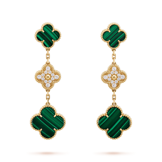 [Max Jewelry ]CLOVER EARRINGS GOLD MALACHITE DIAMOND 3 MOTIF