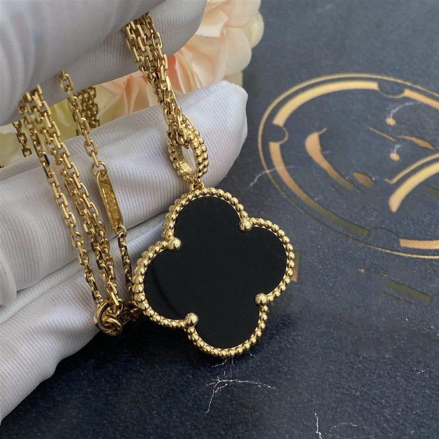 [Max Jewelry ]CLOVER 25MM GOLD ONYX BIG CLOVER NECKLACE