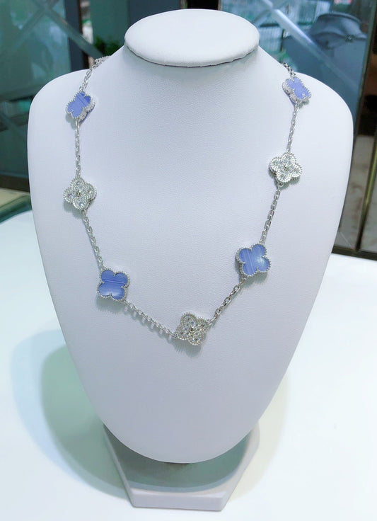 [Max Jewelry ]CLOVER 10 MOTIFS CHALCEDONY DIAMONDS SILVER NECKLACE
