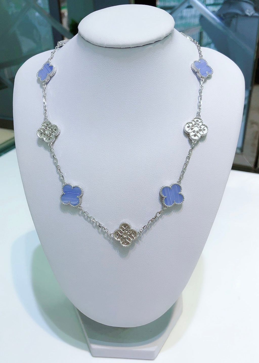 [Plus&Max]CLOVER 10 MOTIFS CHALCEDONY DIAMONDS SILVER NECKLACE