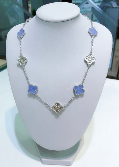 [Max Jewelry ]CLOVER 10 MOTIFS CHALCEDONY DIAMONDS SILVER NECKLACE