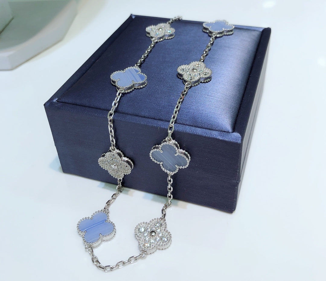 [Max Jewelry ]CLOVER 10 MOTIFS CHALCEDONY DIAMONDS SILVER NECKLACE