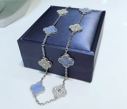 [Max Jewelry ]CLOVER 10 MOTIFS CHALCEDONY DIAMONDS SILVER NECKLACE