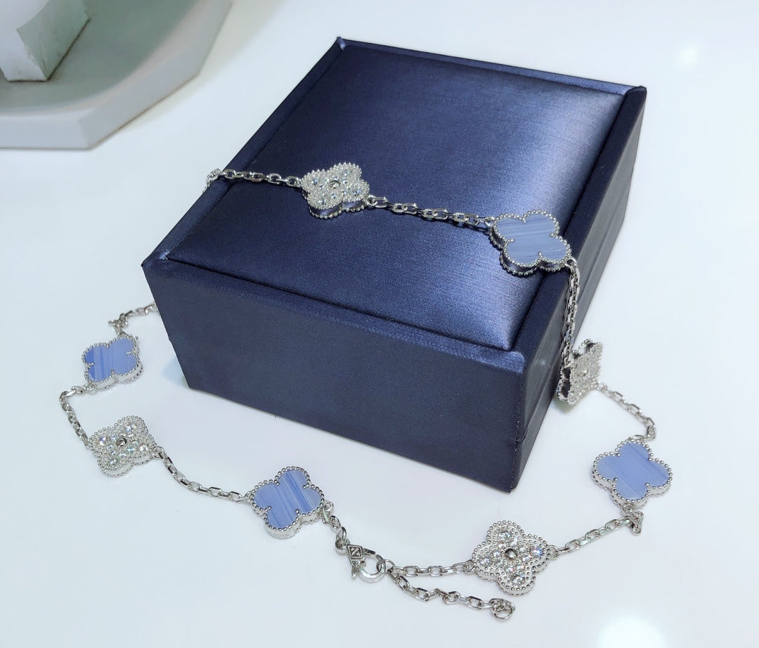 [Max Jewelry ]CLOVER 10 MOTIFS CHALCEDONY DIAMONDS SILVER NECKLACE
