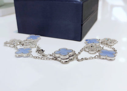 [Max Jewelry ]CLOVER 10 MOTIFS CHALCEDONY DIAMONDS SILVER NECKLACE
