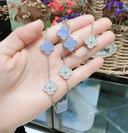 [Max Jewelry ]CLOVER 10 MOTIFS CHALCEDONY DIAMONDS SILVER NECKLACE