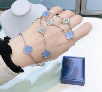 [Max Jewelry ]CLOVER 10 MOTIFS CHALCEDONY DIAMONDS SILVER NECKLACE