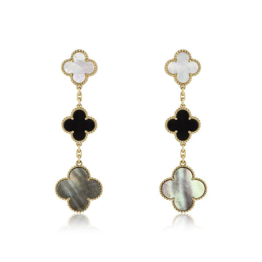 [Max Jewelry ]CLOVER EARRINGS GOLD ONYX MOP 3 MOTIF